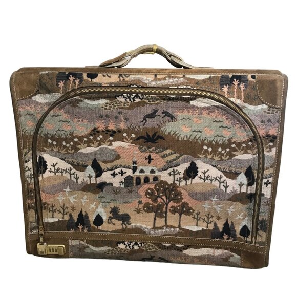 Vtg French Luggage Co Tapestry Brown Suede Luggage Set Countryside with Unicorn - Picture 3 of 16
